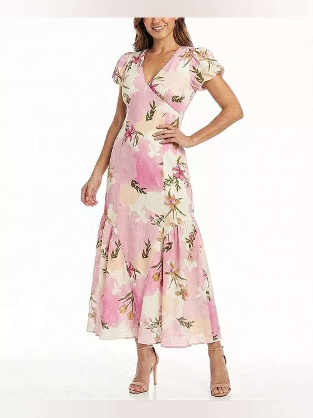 Taylor V-Neck Pink Floral Print V Neck Short Sleeve Maxi Dress Womens 16